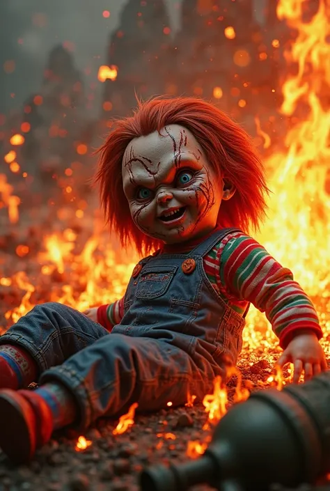 Generate animated Chucky Burning in Hell with a military RPG 