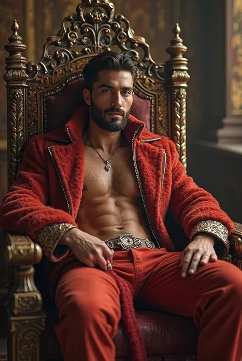 Prince, 25, with beard and skimpy clothes in Mohajr Prince sitting on the throne 