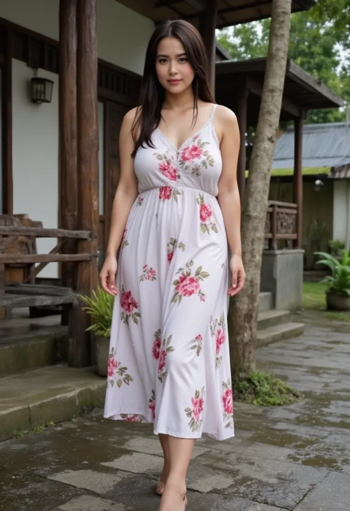 an Indonesian woman, quite chubby,  wear a sleeveless nightgown with floral print, walk in front of the house , Village atmosphere,  wet under the rain ,  wet hair and clothes , realistic photography. look at the viewer,