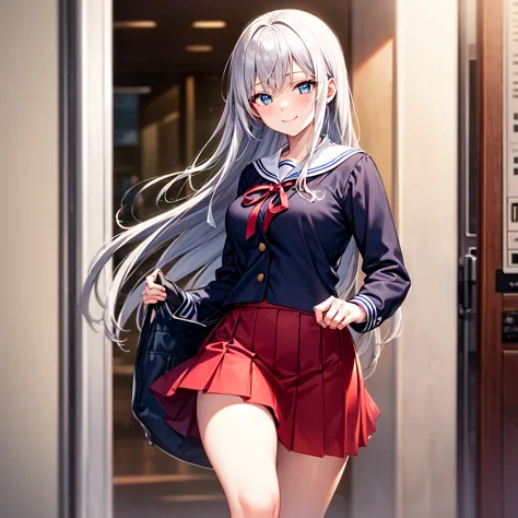 Prompt: A cold morning school scene featuring a silver-haired high school girl with long hair. She has captivating blue eyes and wears a classic sailor uniform. Over her navy blazer, she sports a red skirt and a matching red ribbon. Her warm smile contrast...