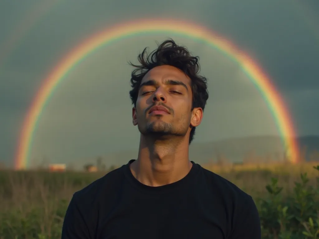 Slums after the rain　There is a rainbow that looks like it draws an arc　　 photos　realistic　Realistic　A 30-year-old man with his eyes closed 　Raise your face a little　handsome　 muscular　 Wearing Black Clothes 　