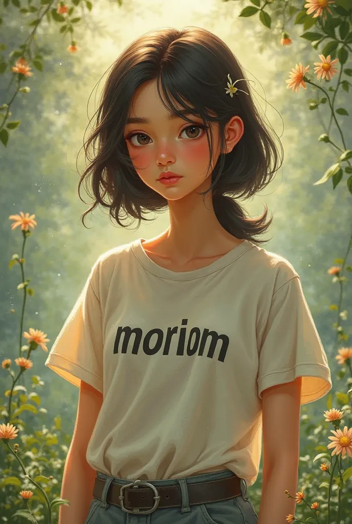 Moriom written on the girl's shirt 