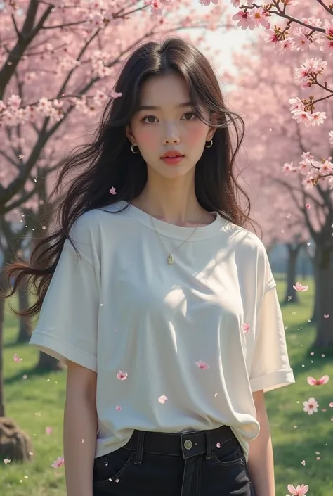 Beautiful Asian girl in a white oversized t-shirt and black pants, among sakura