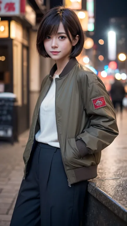 ( masterpiece, Highest quality, RAW photo, realistic:1.2), smile, beautiful girl, cute,  Delicate Girl,  short hair, written boundary that stands upright in the city, high resolution, Super  exhaustive,  exhaustive, 非常に exhaustiveな目と顔, realistic student, s...