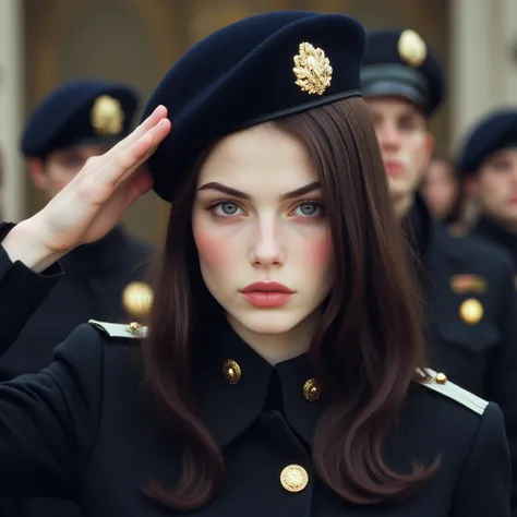  A fair-skinned young woman , intense bright blue eyes with long straight dark black hair, thick lips and subtle makeup in pink. He is wearing a formal military dress with medals and a beret, in black tones that highlight her slender figure. He is in the m...