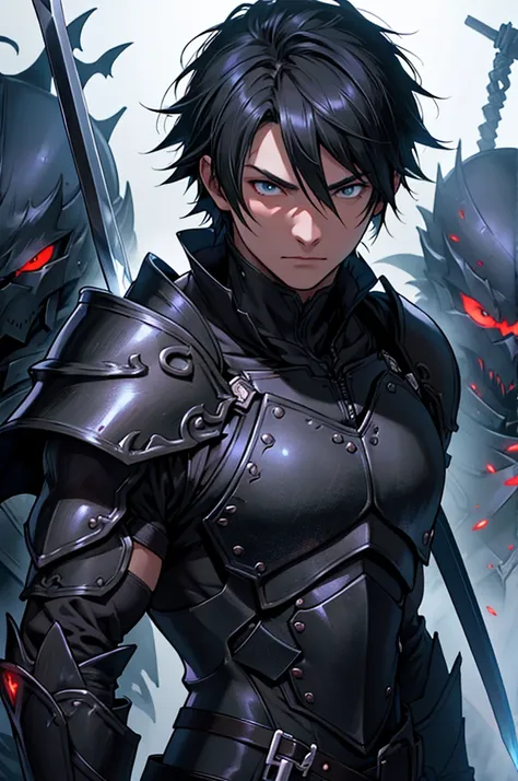 Final Fantasy's Dark Knight、8k,  male, 20th Generation、Rin々Shii、たくまShii、Sword of Madness、Dark Knight、adult、 short black hair、 Facing Front、 upper body、 expressionless、  Black Armor、Evil sword、（ no background、white background）