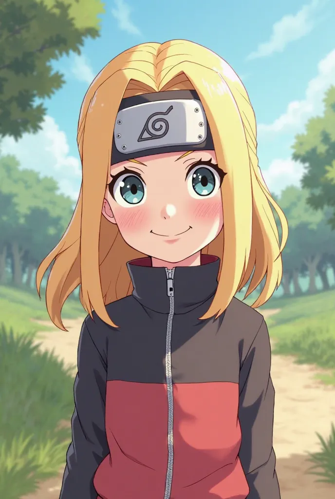 Naruto OC base,1 fille de 10 ans au cheveux mi-longs blonds qui sourit et qui a le bandeau de konoha habillé en ninja elle aime le rose pastel 