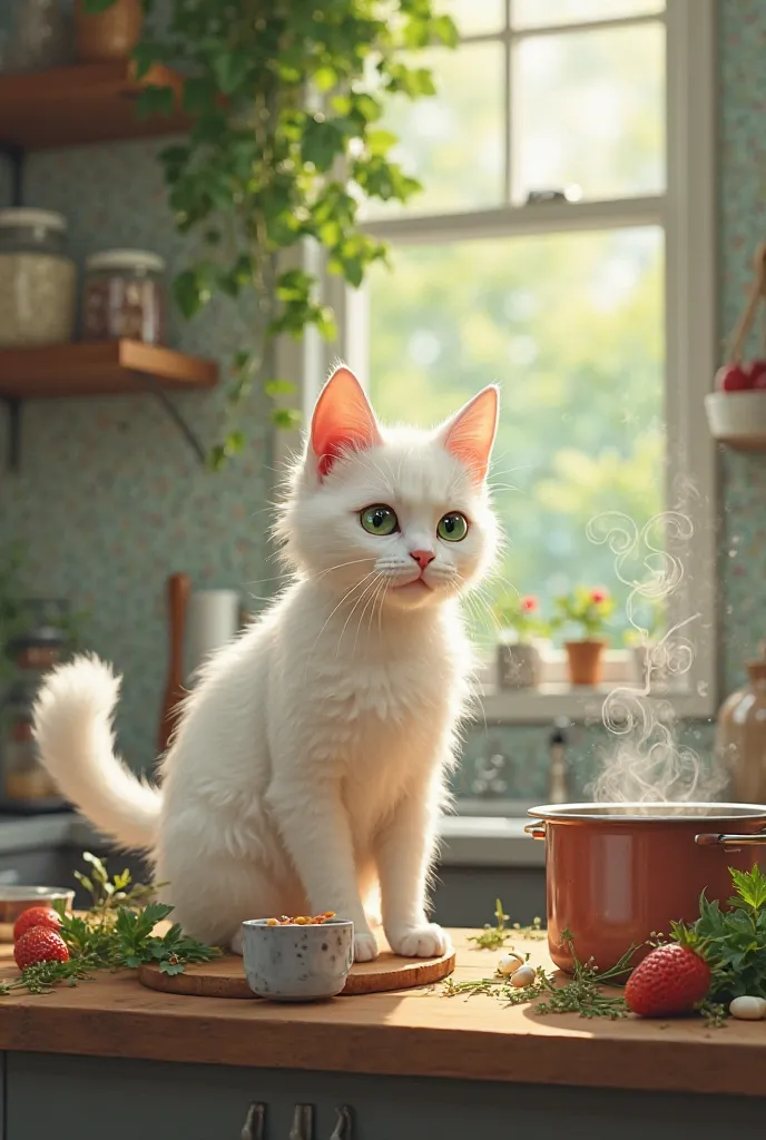 A white cat is making food in the kitchen 