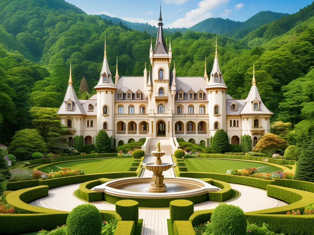 A beautiful beautiful beige castle with huge towers with a detailed gold-and-brown style with a beautiful garden with a fountain,on a forested mountain with beautiful houses