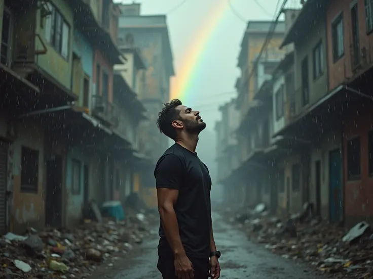 Slums after the rain　 a rainbow is hanging 　　 photos　realistic　Realistic　A 30-year-old man with his eyes closed 　raise your face a little　handsome　 muscular　 Wearing Black Clothes 　