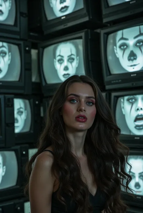 A **brunette woman in full SAD CLOWN makeup stands in front of a massive wall of old CRT televisions**, each screen **flickering with grainy VHS visuals of herself, looping endlessly as she sobs and applies more makeup**. Her **long, dark hair clings to he...