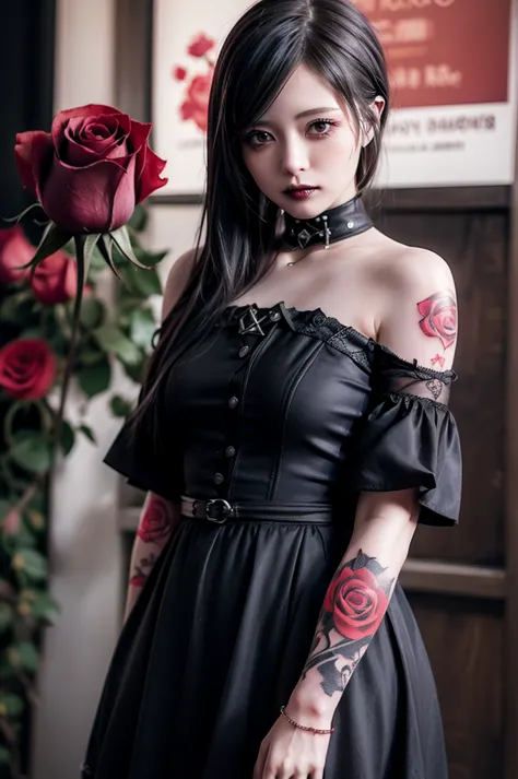 ((Gothic Punk)), 
(((cowboy shot:1.3))), from front, look at viewer, nsfw, 
1 woman, beautiful woman, ((30 years old)), slender, (Big Breasts), smile, 
((The inside color is red, Gray Black Hair, hair ornaments)), 
(((Punk Shirt, Shoulder Bare, Neogoth, Go...