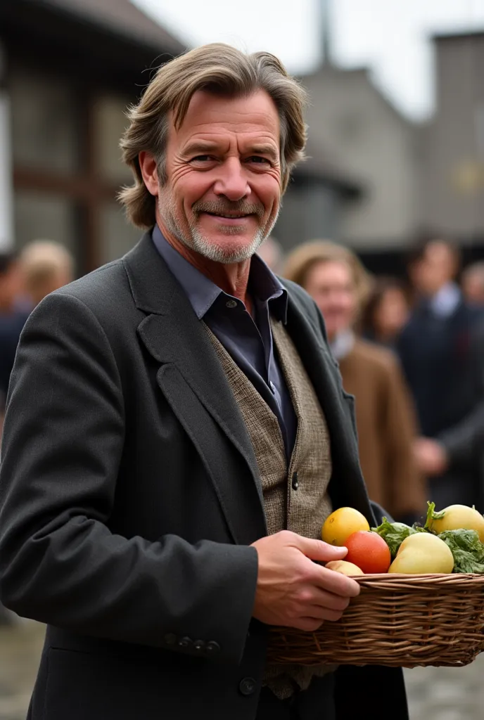 Make a image of this man handing out fruit to poor people from the Victorian age