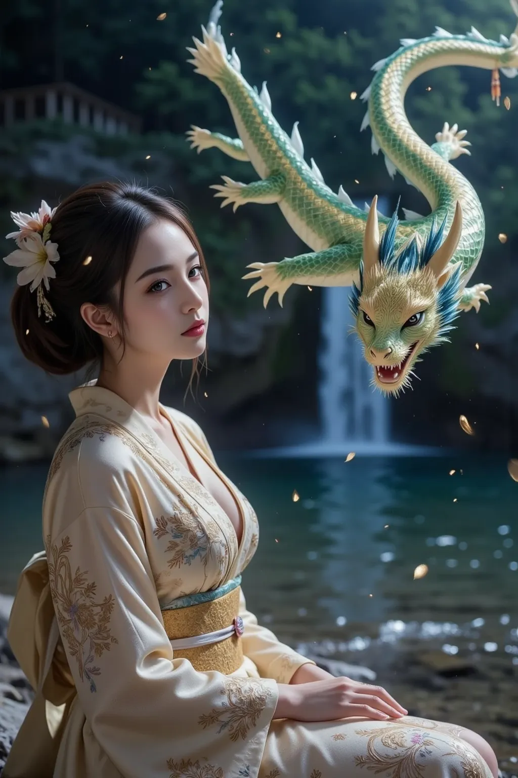 

*Ultra-high definition real photo-style shooting。Legendary Japanese goddess、Benzaiten and a dragon god with nine majestic faces。背景は夜のlake、The waterfall flows 、There is a shrine 。Benzaiten wears a luxurious kimono with elaborate embroidery in gold, white,...