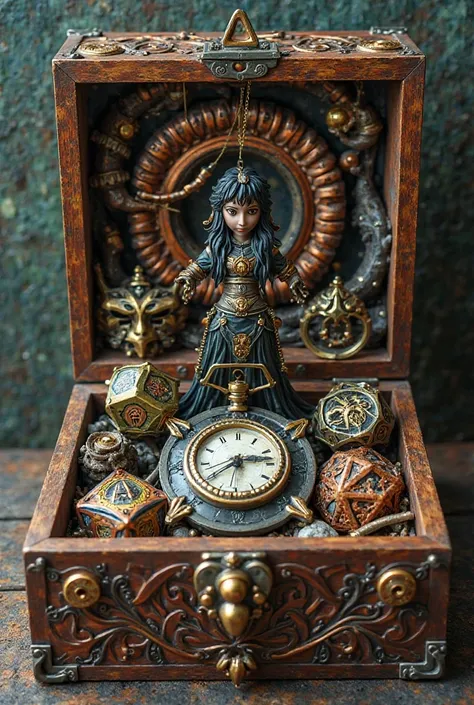 Make an simple box in wooden style with a watch inside it someone holding a metal object with a clock on it, shurikens, bronze biomechanical, d20 made of teeth, ultra detailed close up, intricate accurate details, cyber copper spiral decorations, a beautif...