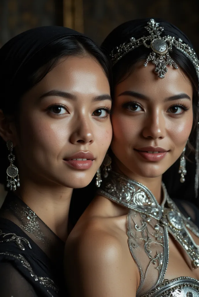 2girls, silver bellydancer, cleavage,  two beautiful  javanese and chinese girls with hijab and few soft freckles, mole below eyes, detail skin texture, smile, , dramatic light , Rembrandt lighting scheme, (hyperrealism:1.2), (8K UHD:1.2), (photorealistic:...