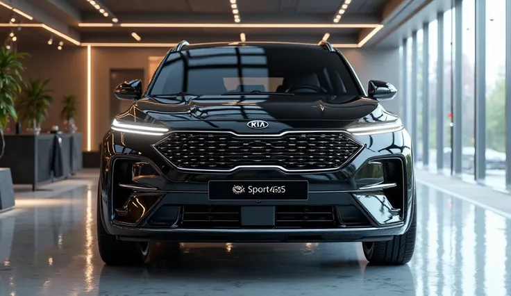 An ultra-realistic image of the Aggressive (front  view) end of a futuristic (kia Sportage 2025  ). The car features a large, imposing, kand aerodynamic design with a dark(black) and shiny exterior. Aggressive (front view) end has a wide, aggressive with i...