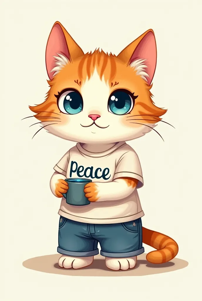 cartoon of a beautiful cat holding a cup of water. He has blue eyes and wears shorts and a t-shirt that says peace.

