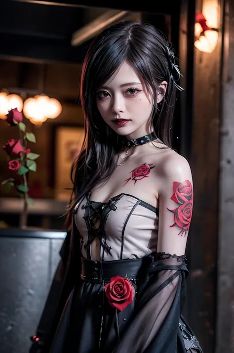 ((Gothic Punk)), 
(((cowboy shot:1.3))), from front, look at viewer, nsfw, 
1 woman, beautiful woman, ((30 years old)), slender, (Big Breasts), (((smile))), 
((The inside color is red, Gray Black Hair, hair ornaments)), 
(((Punk Shirt, Shoulder Bare, Neogo...