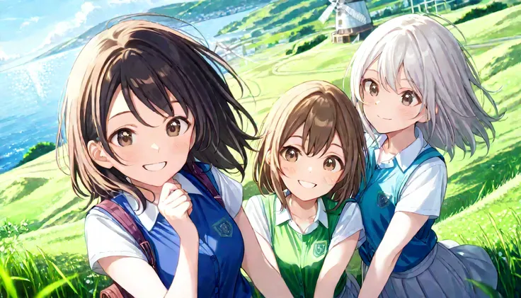 (( masterpiece , Top Quality , dynamic angle ))、((( 3 girls , college age , smile , black hair , brown hair , silver hair )))、( detailed face 、on the hill 、One white windmill:1.2)、( sea )