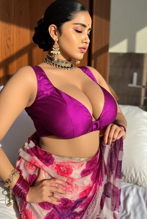 Indian beautiful woman sexy bhabhi, black tiny pearl thick long necklace,Sleeveless blouse,very deep cleavage,curvy plus size model wearing transparent white pink floral color saree ,pink nail polish,magenta satin glossy sleeveless blouse, plenty pink bang...