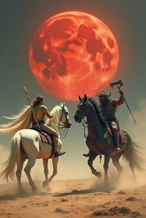 
"on a desolate plain, illuminated only by a giant red moon in the sky, a heavenly rider on a white horse faces a demon riding a monstrous beast. The rider holds a golden spear, and his armor reflects the reddish light of the moon. The devil, covered in th...