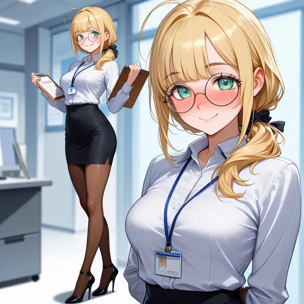 A petite and attractive blonde girl. She is dressed in very tight office attire. She has flowered hair that is tied into a loose ponytail. ((round Glasses)) (medium breasts), (bangs) (green eyes) ((lewd smile)) (blush) (pantyhose) heels, holding a clipboar...