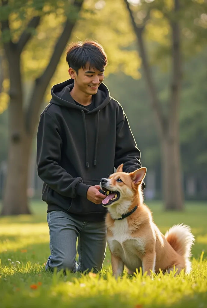 Asian guy in a black hoodie,  playing with a dog in the park 