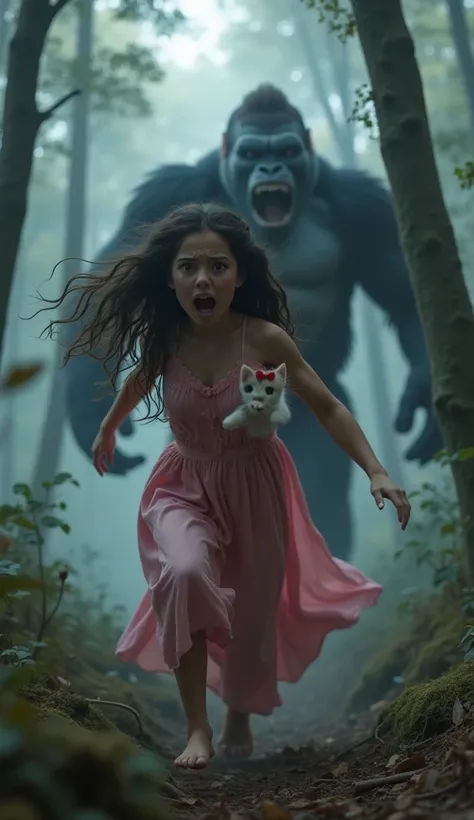 A terrified young woman with long, wavy dark brown hair and a flowing pink gown sprints through a foggy forest, clutching a chubby white kitten with a red bow. Behind her, a roaring King Kong crashes through the trees, his massive arms swinging. Moonlight ...