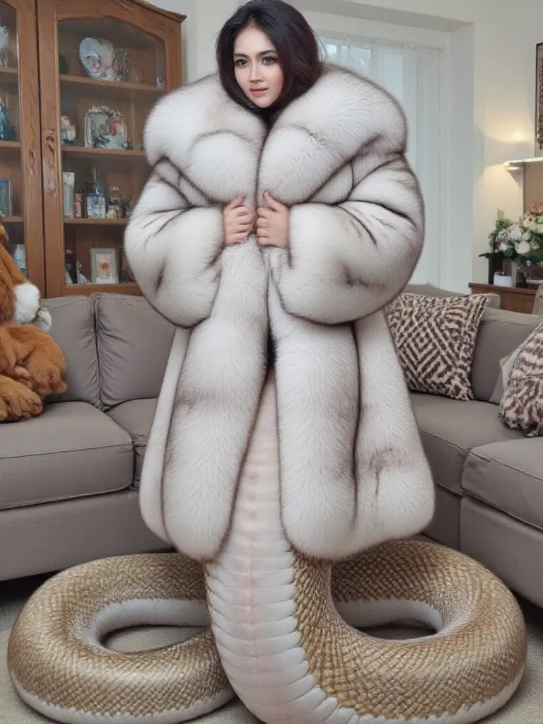   beautiful asian lady who is lamia, naga, snake queen is wearing a big fluffy fox fur coat with big fur collar,  surrounded by the huge plushie. She is slithering at home, her snake tail color is brown white and gold color, looking at her tail 