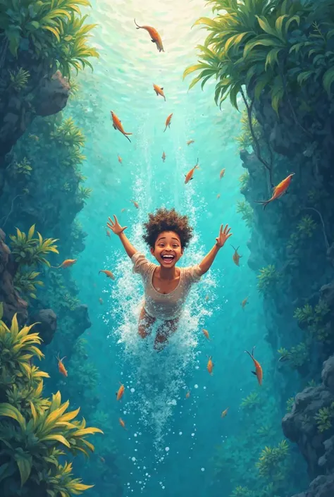 A simple 2D drawing of a  who is happy and sliding in an underwater river from above