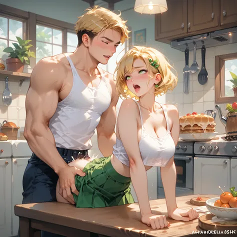 score_9, score_8_up, score_7_up, 1girl,1man, 1man, 4k, woman blonde short haired, anime style,  cleavage , sitting on a kitchen table,  spreading her legs open, green mini skirt, white crop top, sideboob, lifting miniskirt, green eyes, man grabs her ass fr...