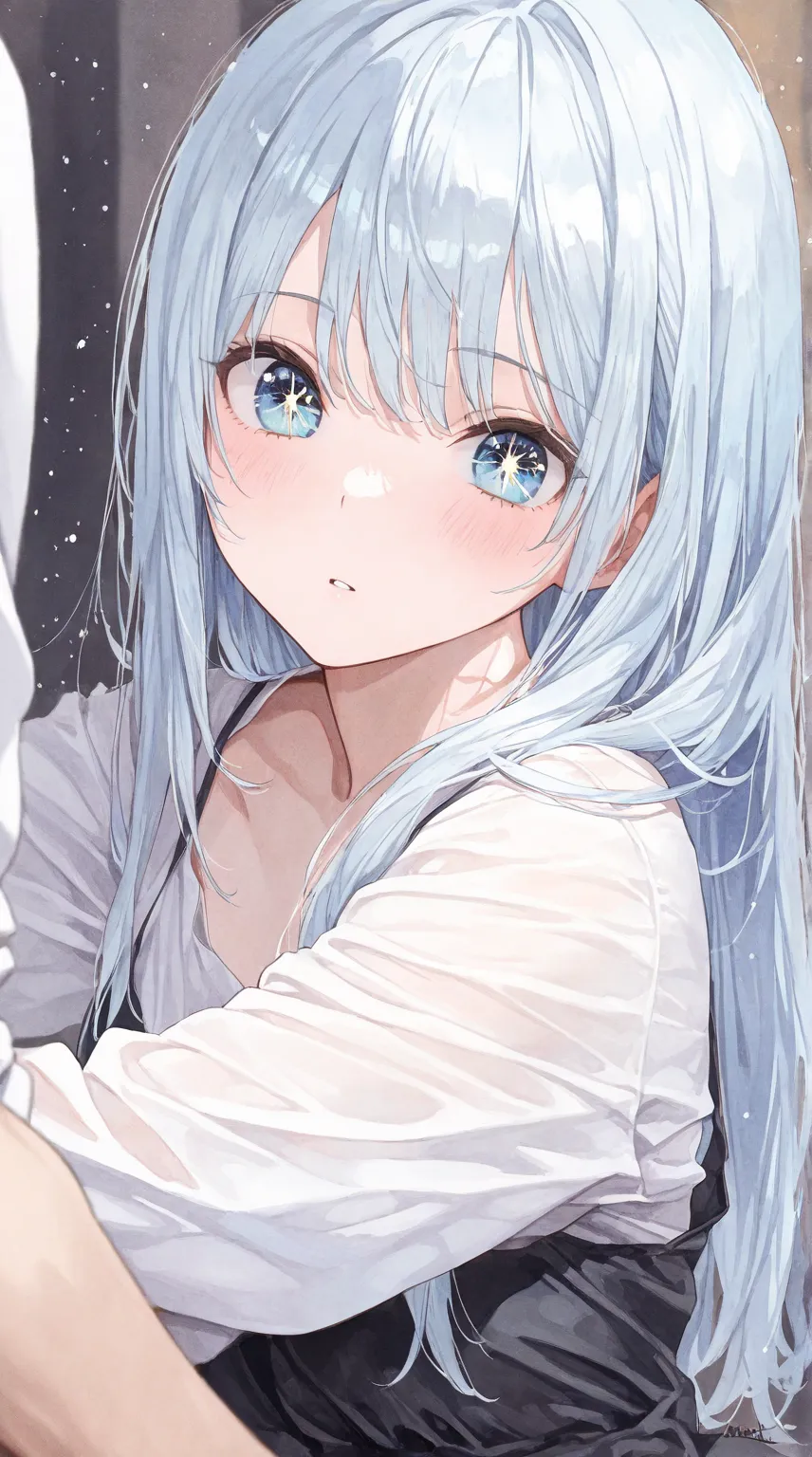 (pastel, watercolor),(( masterpiece)), (Highest quality), ( exhaustive), (1 girl), light blue gradation hair, Light blue sparkling eyes ,  straight hair ,  wearing a modern white shirt and black dress,  covered in data particles , Locked around the neck