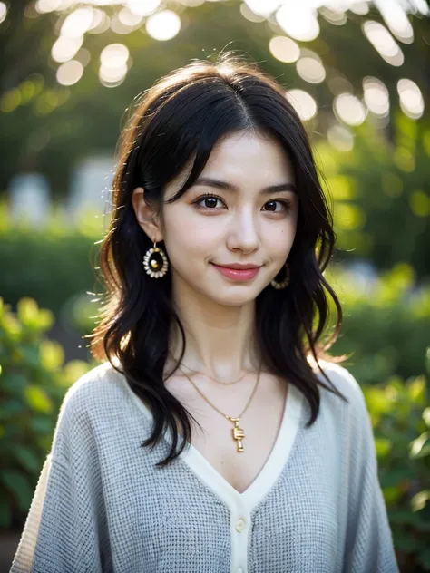 a woman with a and striped shirt, long hair, smile, black hair, closed mouth, white shirt, upper body, earrings, necklace, black eyes, lips