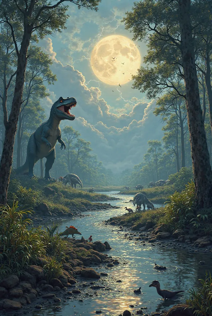 Here is a series of prompts to generate images from the time of the dinosaurs, covering different scenarios situations:

Environments and Landscapes

1. Exuberant prehistoric forest with giant trees, fetuses and a meandering river, where herbivorous dinosa...