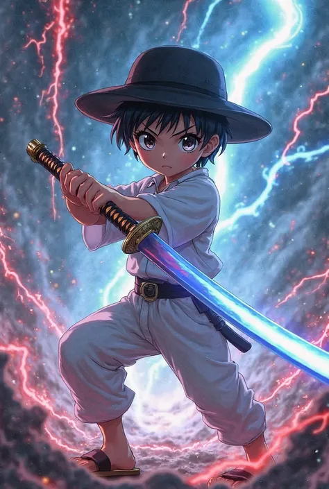 Make a man wear a plain black hat and wear a white shirt and wear white pants and sandals with a young age and anime with good quality holding a blue and red colored katana and there's the lightning