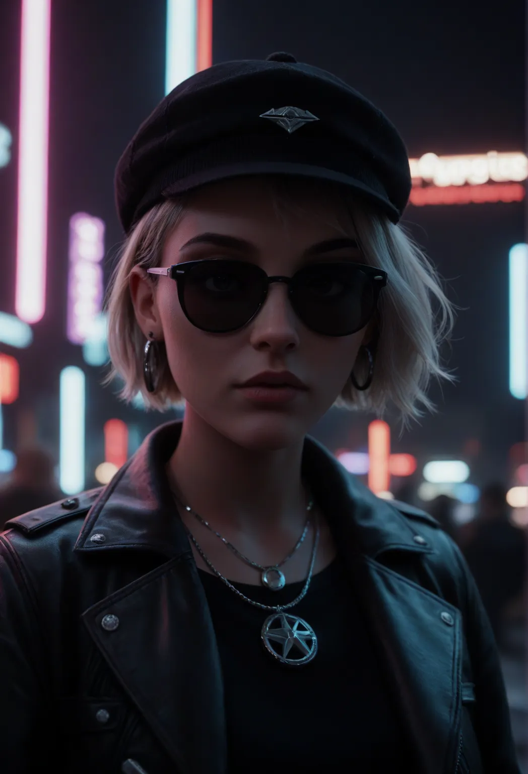  result_9,  result_8_higher,  result_7_higher, face close higher,  alternative girl ,  is watching over black sunglasses, jacket, necklace,  reflections of neon lights on the skin , earring, makehigher,  skin defect ,   short hair ,  small hat , A backgrou...