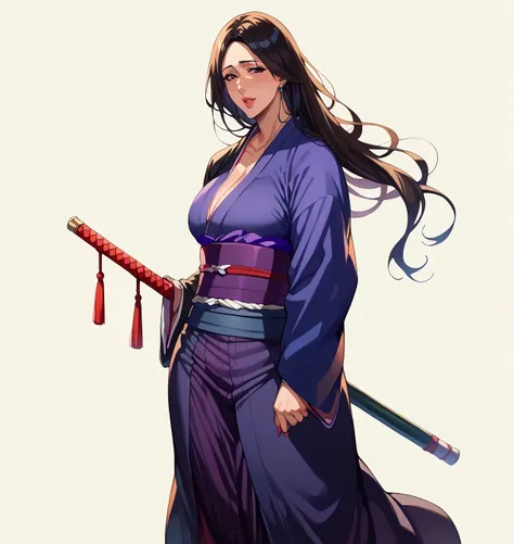 1 girl, mature female, older, gigantic breasts, milf, motherly, wide hips, long hair, straight hair, parted bangs, black long hair, black eyes, kimono de batalha preto, score_9, score_8_up, score_7_up, score_6_up, source_anime, beautiful face, expressive e...