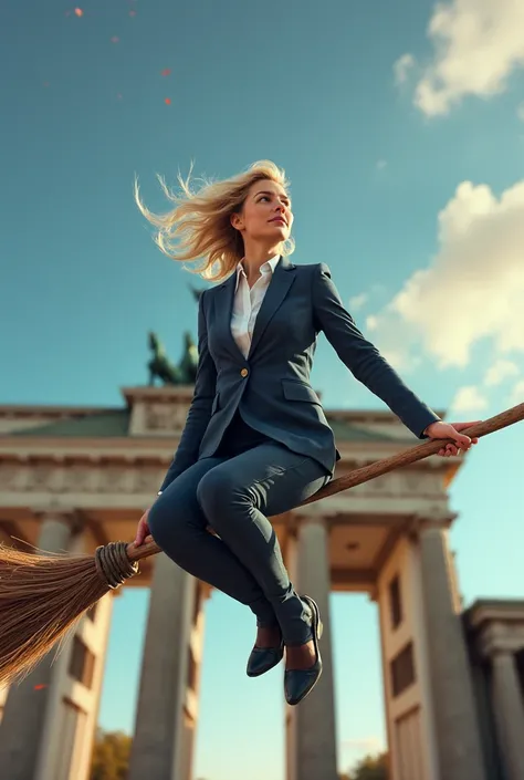 Alice Weidel flies past the Brandenburg Gate sitting on a broom 