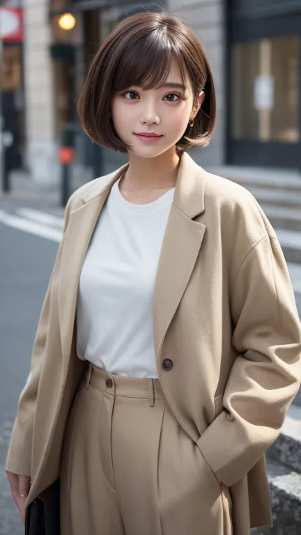 ( masterpiece, Highest quality, RAW photo, realistic:1.2), smile, beautiful girl, cute,  Delicate Girl,  short hair, written boundary that stands upright in the city, high resolution, Super  exhaustive,  exhaustive, 非常に exhaustiveな目と顔, realistic student, s...