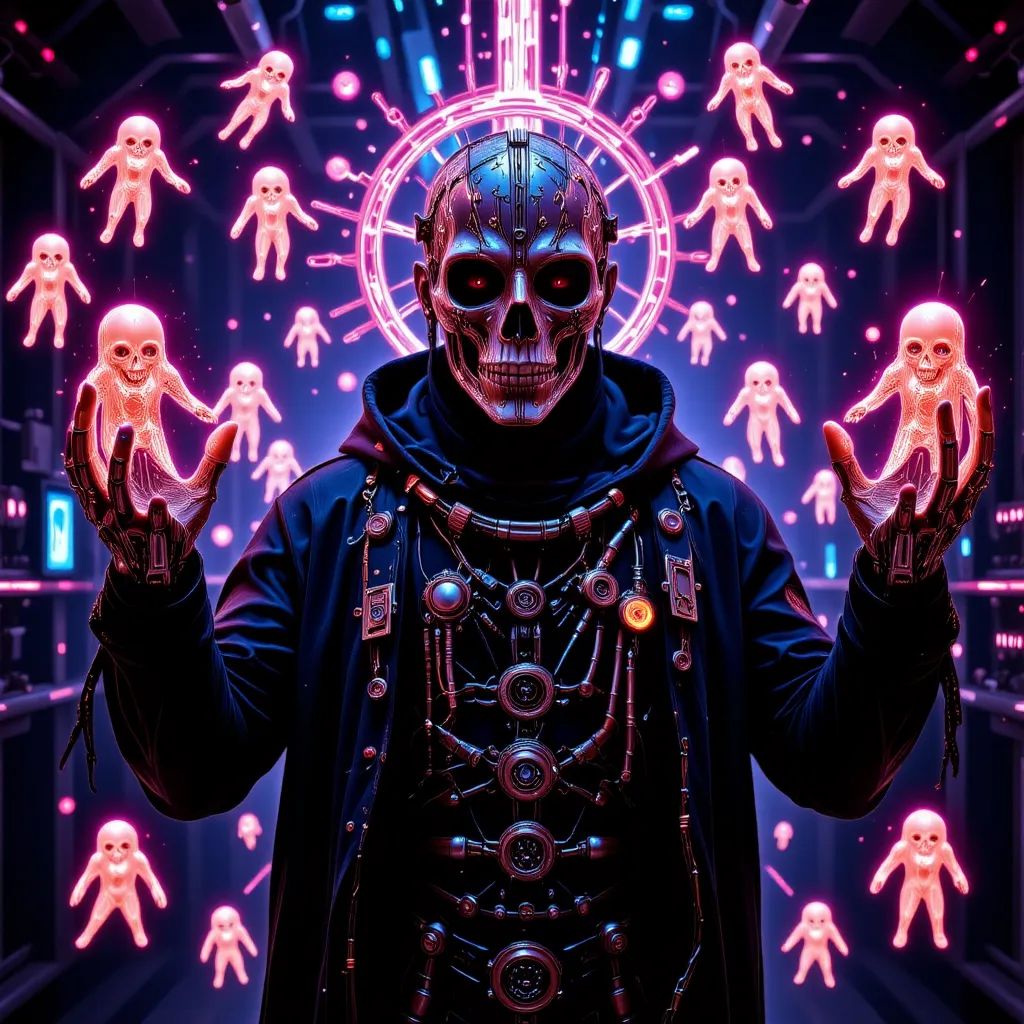 A futuristic necromancer with a biomechanical skull mask, controlling glowing holographic ghosts with his cybernetic hands. His body is draped in tattered, high-tech robes with circuits pulsing like veins. Hyper-detailed cyberpunk horror, eerie neon glow, ...