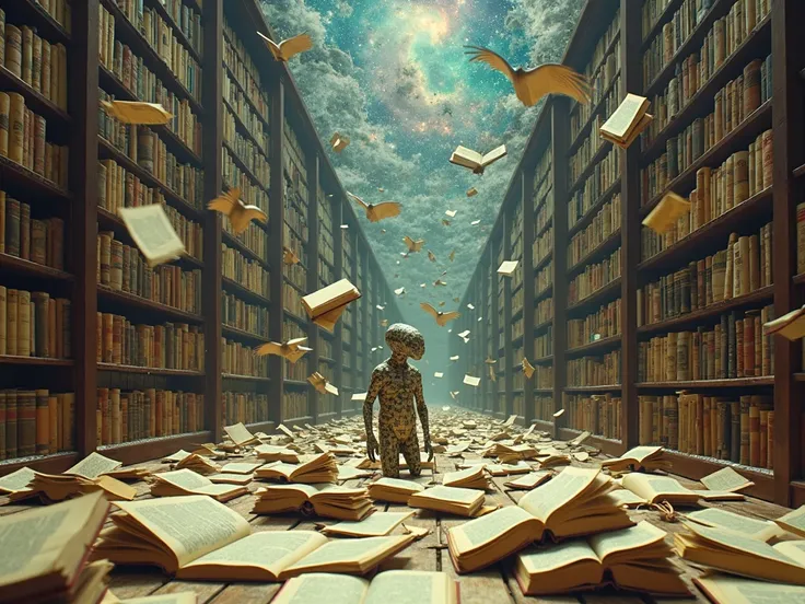 surrealism-style image of an endless library where books fly like birds, a floor littered with open, yellowed pages of various texts,  from a wide-angle panoramic perspective. An alien, the body covered with printed pages, fly in the air. The ceiling disso...