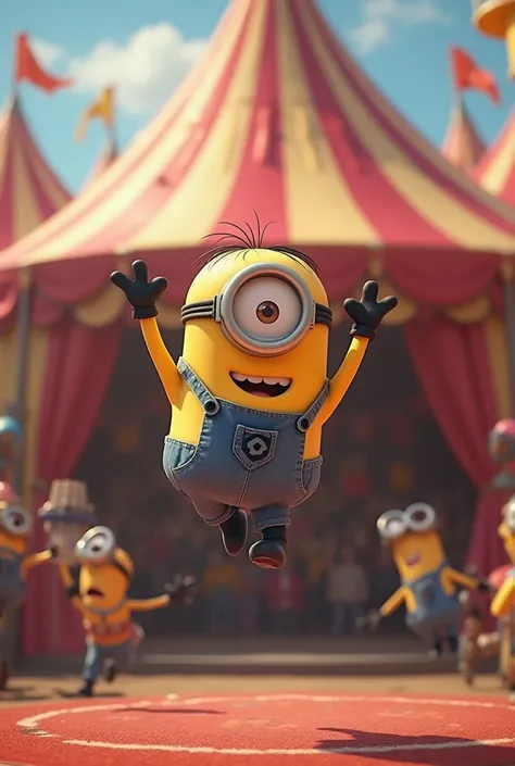 In the image we can see a cute Minion performing an acrobatic performance in a circus