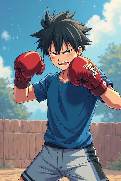  Anime style. Anime Boy with black hair, 25 years old. He's wearing boxing gloves.  The guy fights on the move. He is wearing sports shorts and a blue t-shirt. A guy with a serious face uh.  Full-length guy 