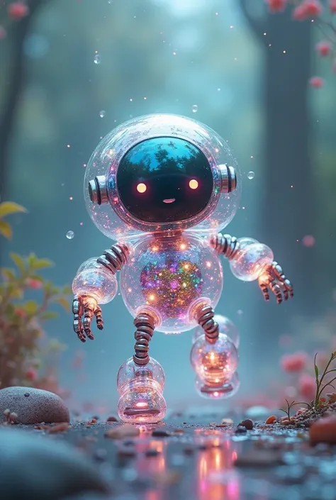 Poki the Bubble Bot: A tiny, round robot made of transparent bubbles with colorful lights glowing inside. It floats slightly above the ground, with small mechanical arms and a joyful expression.