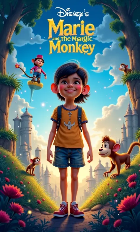 A movie poster .In a magical universe.Its title is "Marie and the magic monkey".