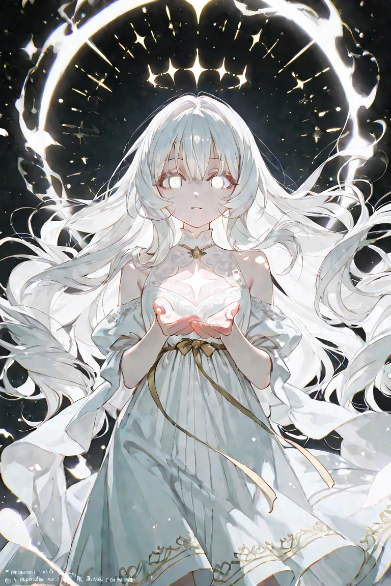 A young  girl with long, wavy white hair that flows past her shoulders. Her bangs are slightly uneven, giving her a natural, slightly messy look. She has striking pure white eyes with no visible pupils, making her appear ethereal and mysterious. Her skin i...