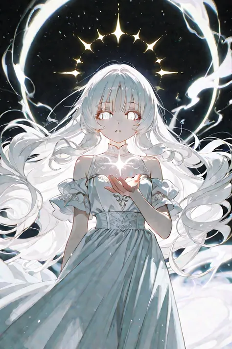 A young  girl with long, wavy white hair that flows past her shoulders. Her bangs are slightly uneven, giving her a natural, slightly messy look. She has striking pure white eyes with no visible pupils, making her appear ethereal and mysterious. Her skin i...