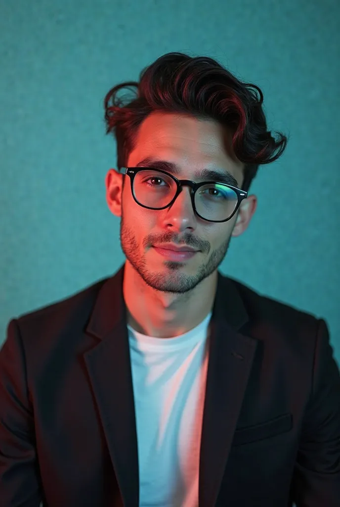 A young men with dark hair and a confident smile he is dress a black blazer over a white shirt and glass on eyes A man is positioned against aqua colour backdrop with a subtle red lighting of the rate site and posing for linkedin profile
