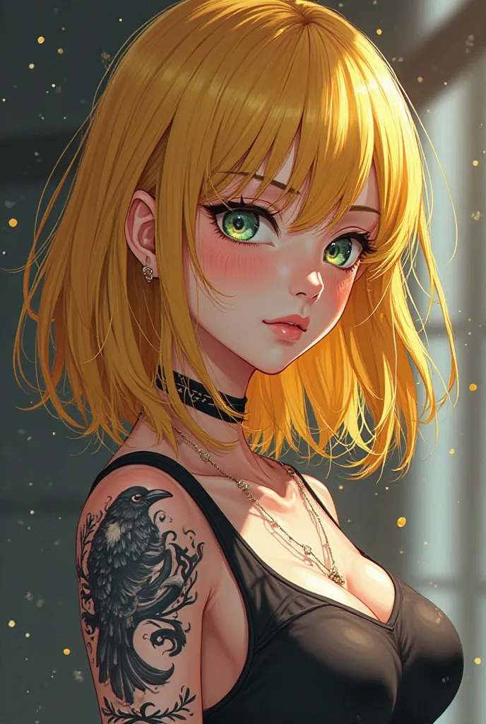 anime girl with yellow hair and medium length and she is 30 years old and she has a tattoo crow 